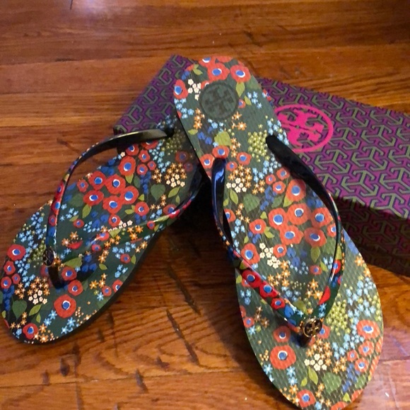 tory burch floral flip flops